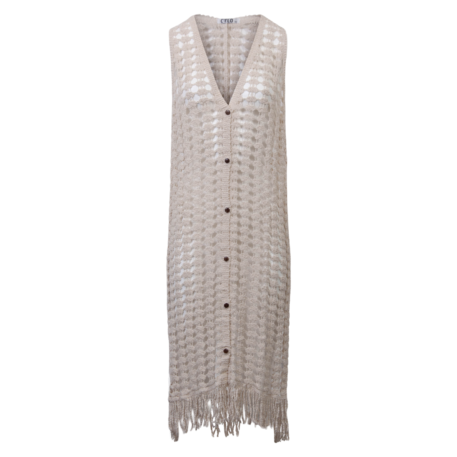 Hæklet Beige Damekjole med Frynser - Onesize tilbud