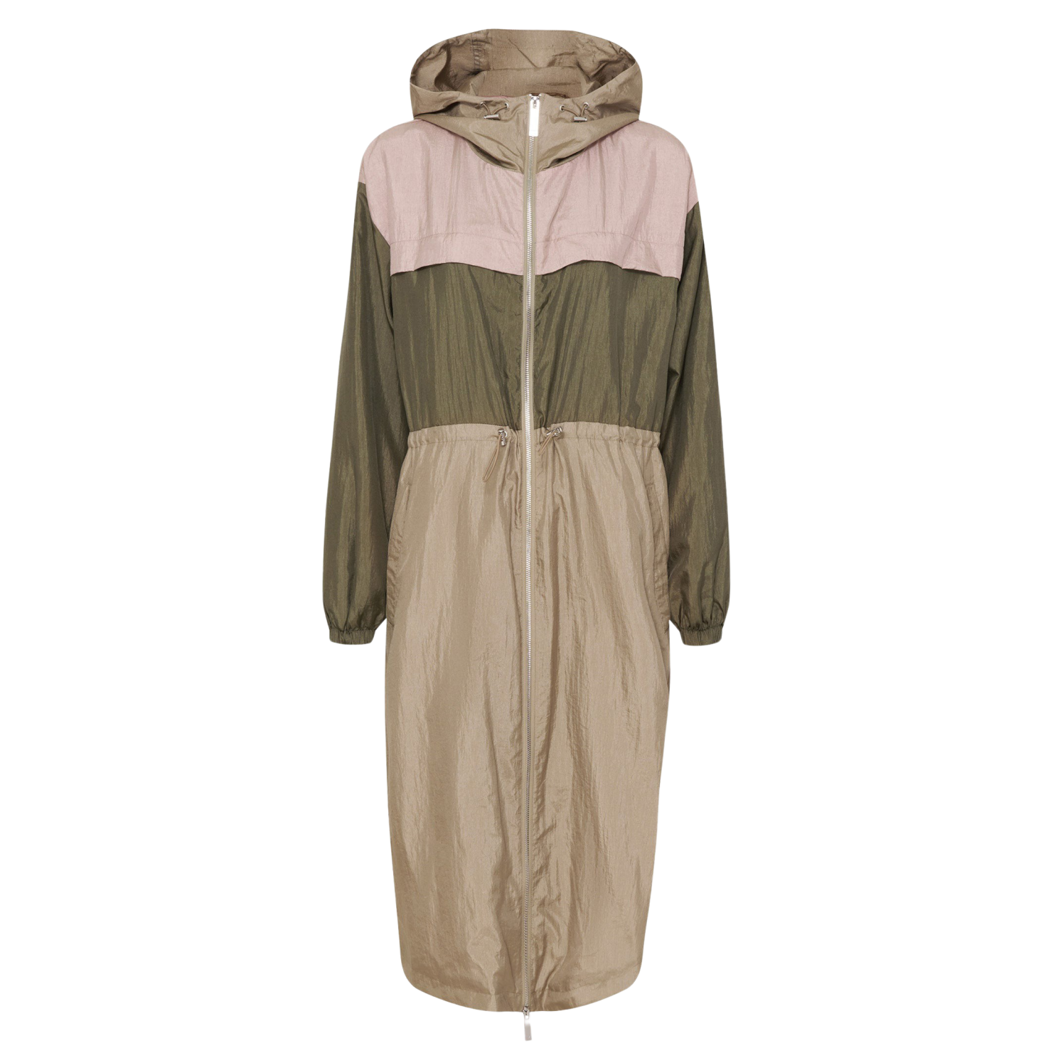 Trendy lang overgangsjakke med hætte i taupe farve