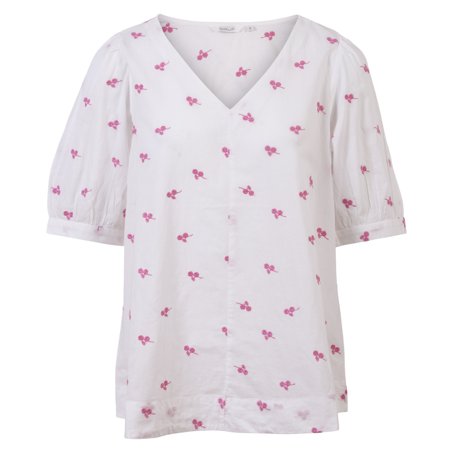 Dame Kortærmet Bluse med V-hals og Broderi - Wild Orchid