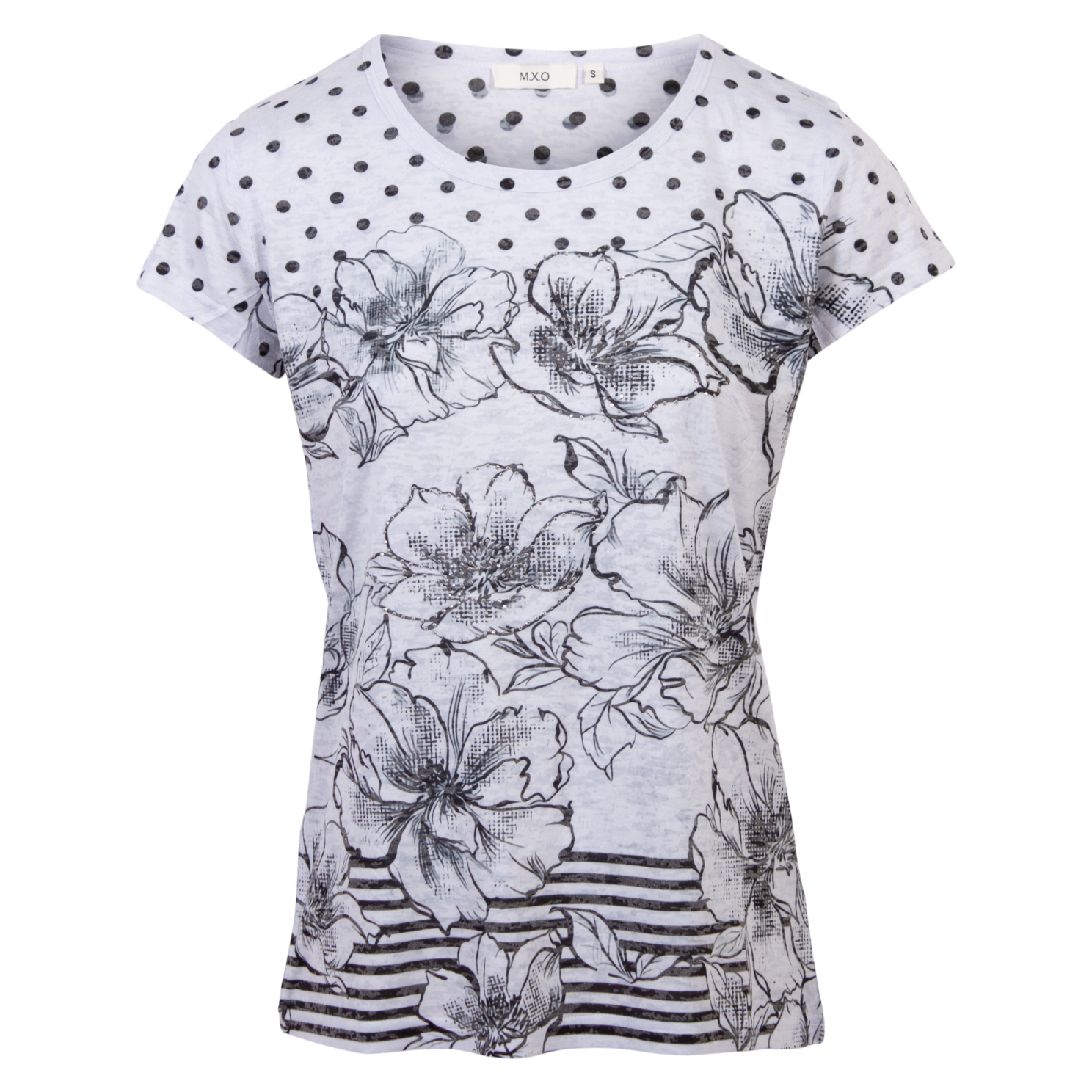 M.X.O Dame T-shirt med perler og print - Sort 2xl