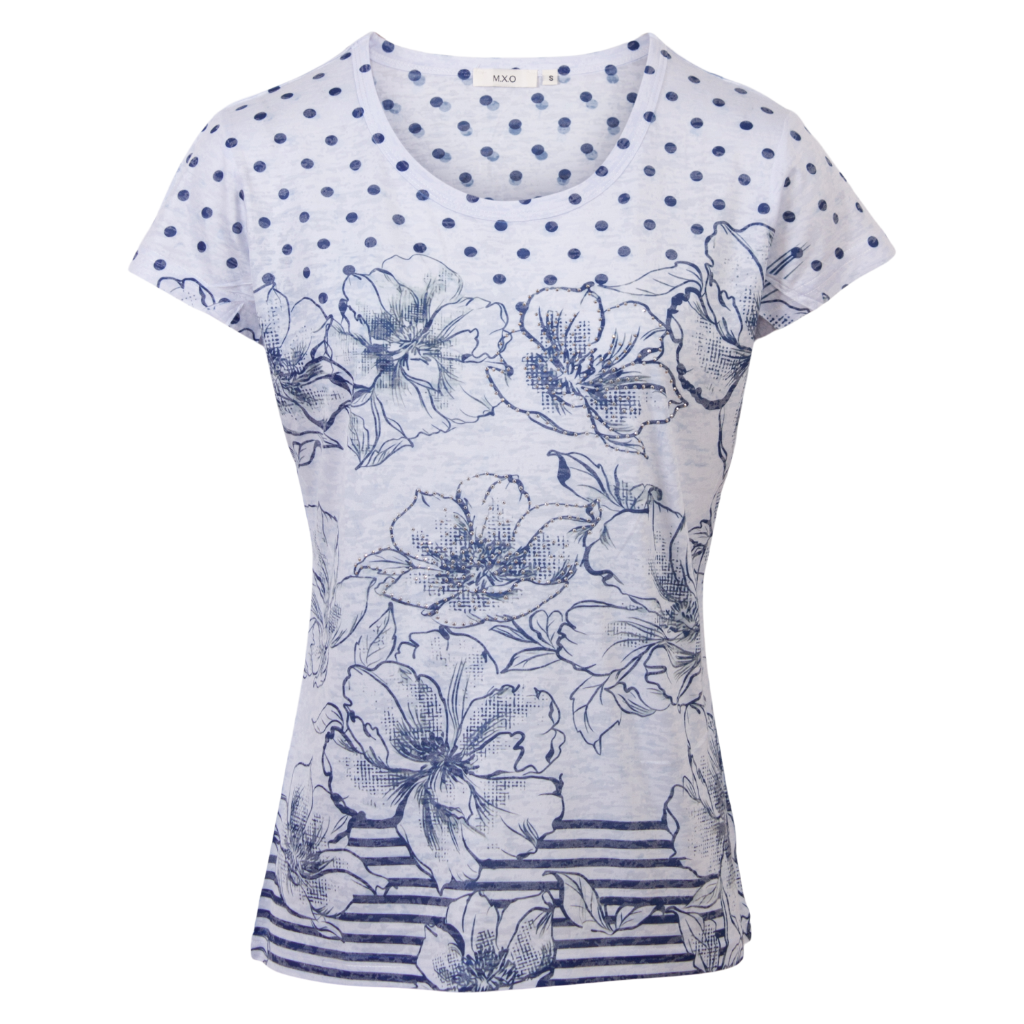 Dame T-shirt med perler og print - Fantastisk tilbud!