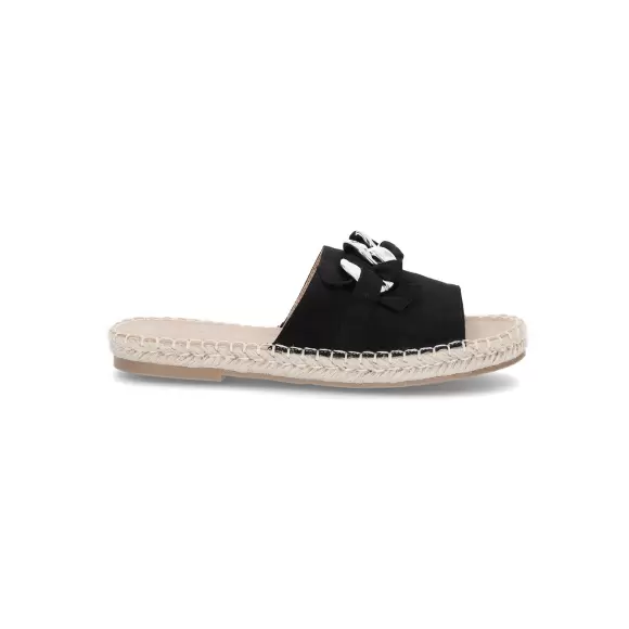 Søde sommer slippers i sort tekstil med guldspænde